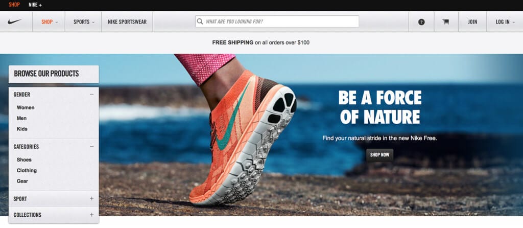 http://www.nikestore.com.au uses large images as part of its Magento design to show off its products in great detail.